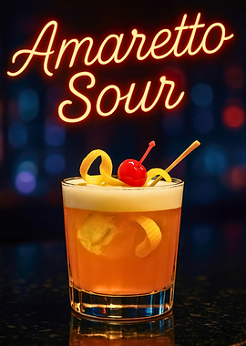 Neon-Lit Amaretto Sour in Rocks Glass with Cherry & Lemon Twist