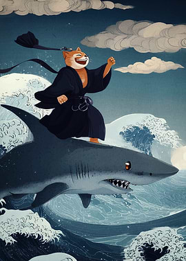 Cat Samurai Riding Shark on Waves