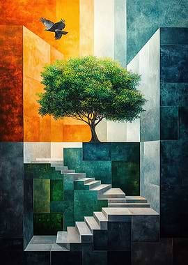 Abstract Tree, Bird, and Staircase Art