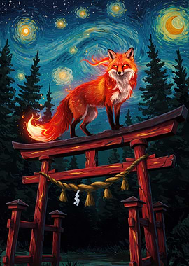 Fox on Torii Gate under Starry Night