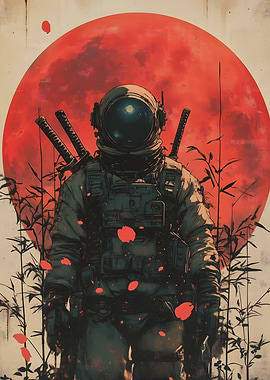 Astronaut Samurai with Red Moon Japan