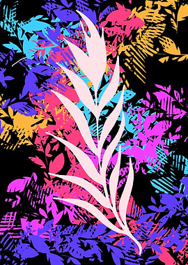 Vibrant Tropical Abstract Leaf Art – Multicolour Pop Design on Black Background