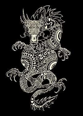Ornate Dragon Illustration on Black Background