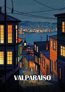 Valparaiso Chile Night Cityscape Art