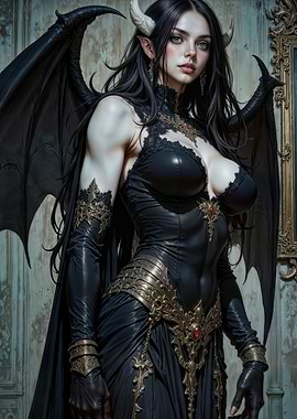 Dark Elegance: A Powerful Succubus Queen Adorned in Gothic Black and Gold