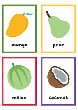 Fruit Flashcards: Mango, Pear, Melon, Coconut