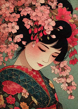 Japanese Woman with Cherry Blossoms