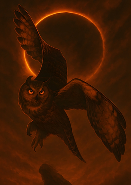 Owl in Flight with Solar Eclipse