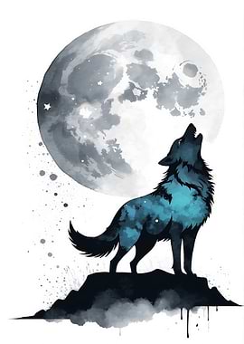 Watercolor Wolf Howling at the Moon