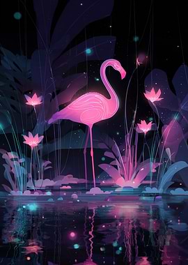 Neon Flamingo in a Dark Garden