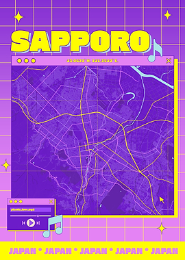 Sapporo Japan Map Retro Aesthetic