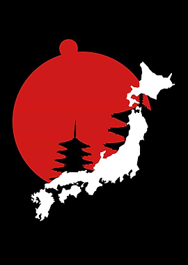 Japan Map with Pagoda and Sun