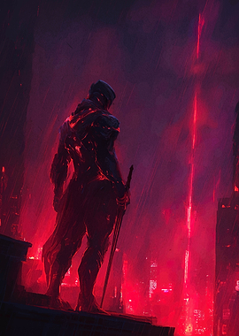 Cyberpunk Warrior in Red Cityscape
