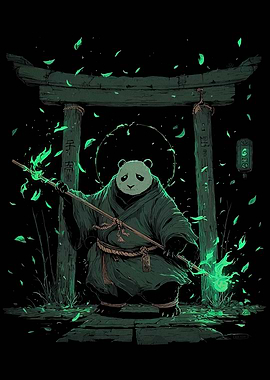 Panda Monk with Staff and Torii Gate