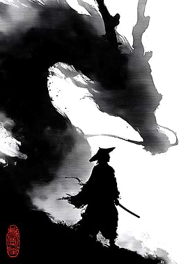 Samurai and Dragon Ink Painting