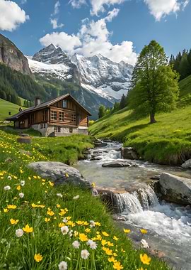 Mountain Cabin by Stream