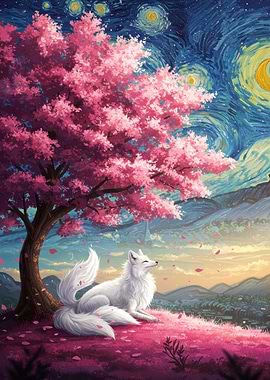 Fox under Cherry Blossom Tree Painting