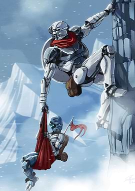Robotic Figures Climbing Snowy Mountain