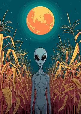 Alien in Cornfield Under Full Moon