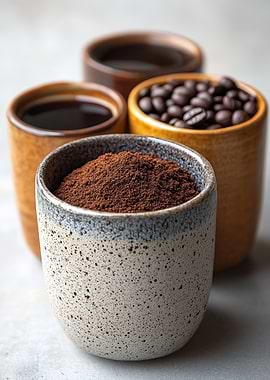 Coffee beans, ground coffee, and brewed coffee