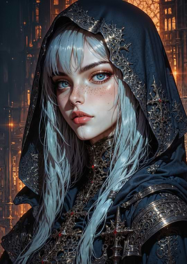 Mysterious Silver-Haired Enchantress in a Gilded Hooded Robe