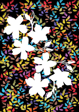 Bold Abstract Floral Art – White Flowers on Multicolour Petal Pattern Background