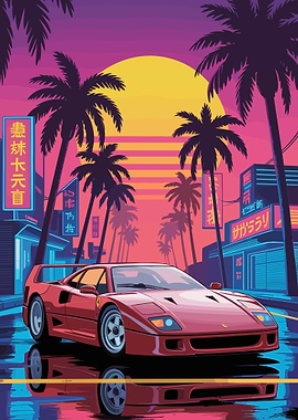 Red Ferrari F40 Synthwave Cityscape