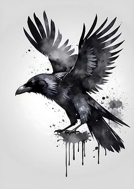 Watercolor Raven with Spread Wings