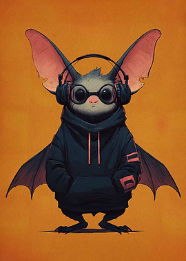 Cool Bat with Headphones and Hoodie