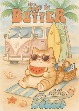 Tabby Summer Vibes – Beach Cat with Watermelon & Sardines