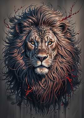 Majestic Lion Portrait with Red Accents