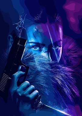 Blue and Purple Futuristic Portrait with Gun