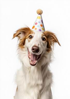 Happy Borzoi dog with Party Hat