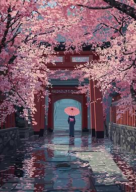 Cherry Blossom Path with Woman and Umbrella