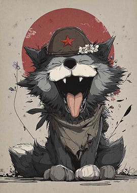 Cartoon Wolf with Military Hat