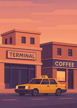 Cityscape with Taxi, Terminal, and Coffee