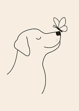 Dog with Butterfly Line Art