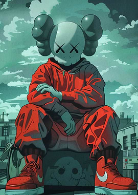 KAWS-inspired character in red hoodie