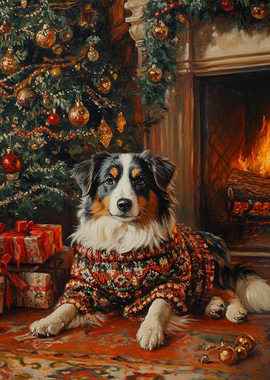 Australian Shepherd Holiday Art | Dog in Sweater by Christmas Tree