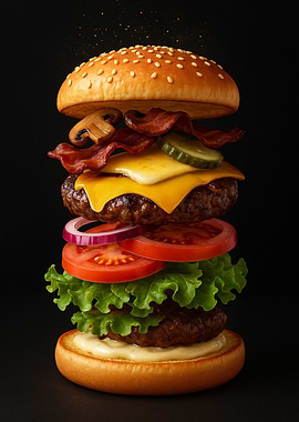 Burger Layer in Mid Air Black Background