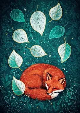 Sleeping Fox with Leaves Illustration
