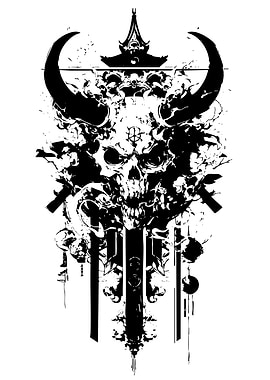 Skull with Horns and Swords Illustration