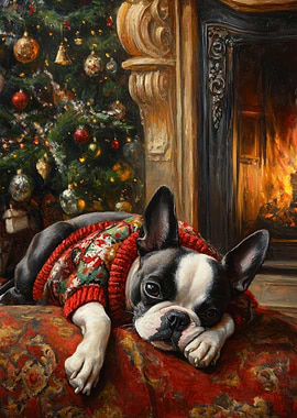 Boston Terrier in Sweater by Fireplace Painting
