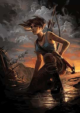 Lara Croft in a perilous landscape