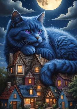 Giant Cat on Tiny Village