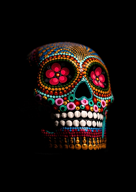 colorful sugar skull on black background