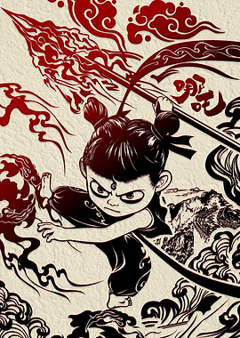 Nezha illustration in red and black