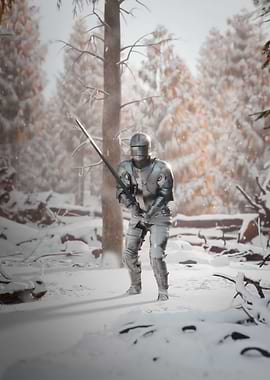 Knight in shining armor in winter forest