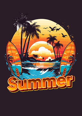 Summer Beach Surfboard Tropical Illustration