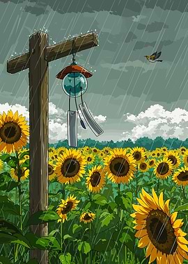 Rainy Sunflower Field with Wind Chime
